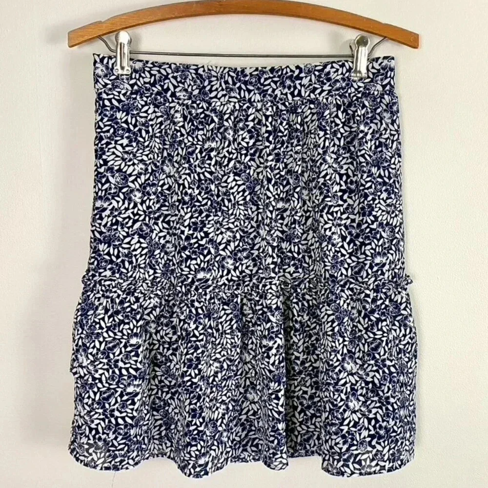 J. Crew Navy and White Floral Ruffle Mini Skirt